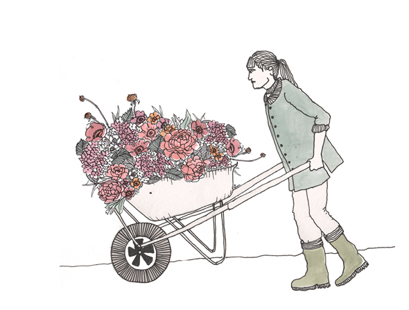 pushing wheelbarrow full of flowers